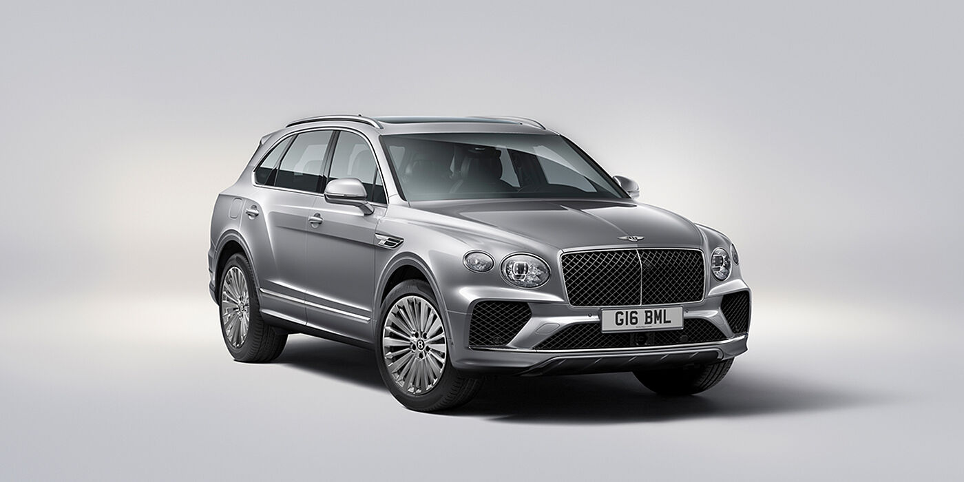 Bentley Budapest Bentley Bentayga luxury SUV front three quarter view in Moonbeam paint with matrix grille and 21″ 5 spoke painted wheels