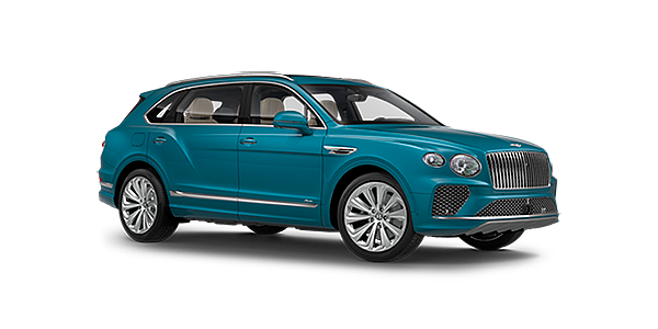 Bentley Budapest Bentley Bentayga EWB Azure front side angled view in Topaz blue coloured exterior. 
