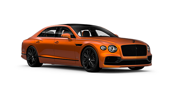 Bentley Budapest Bentley Flying Spur Speed front side angled view in Orange Flame coloured exterior. 